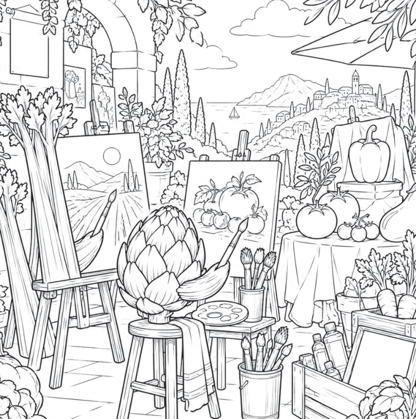 Artichoke artist painting in a garden studio